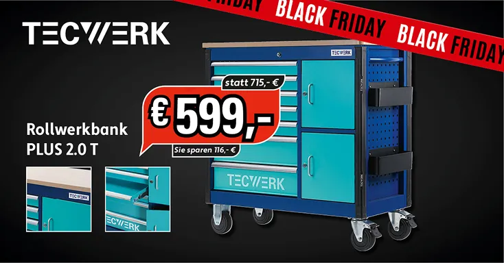 Werbegrafik für TECWERK Rollwerkbank PLUS 2.0 T im Black Friday Angebot für 599 Euro.
