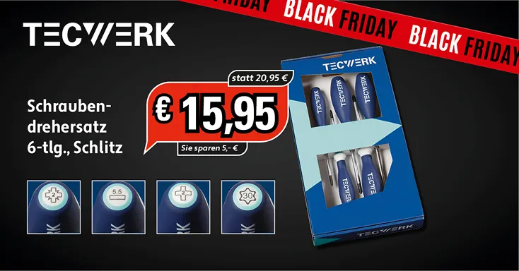 Werbegrafik für TECWERK Schraubendrehersatz 6-teilig, Schlitz, Black Friday Preis 15,95 Euro.