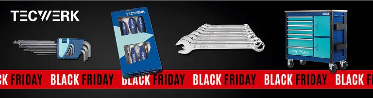Werbebanner für TECWERK Black Friday mit Werkzeugen: Inbusschlüsselsatz, Maulschlüsselsatz, Satz offener Ringschlüssel und ein blauer Werkzeugwagen.